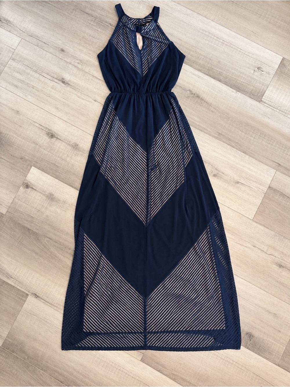 APT. 9 Navy Mesh Stripe Halter Maxi Dress Keyhole Sleeveless XS